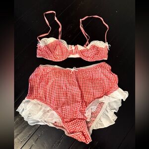 Red Gingham Lace-Trim Bra & High-Waist Brief Set